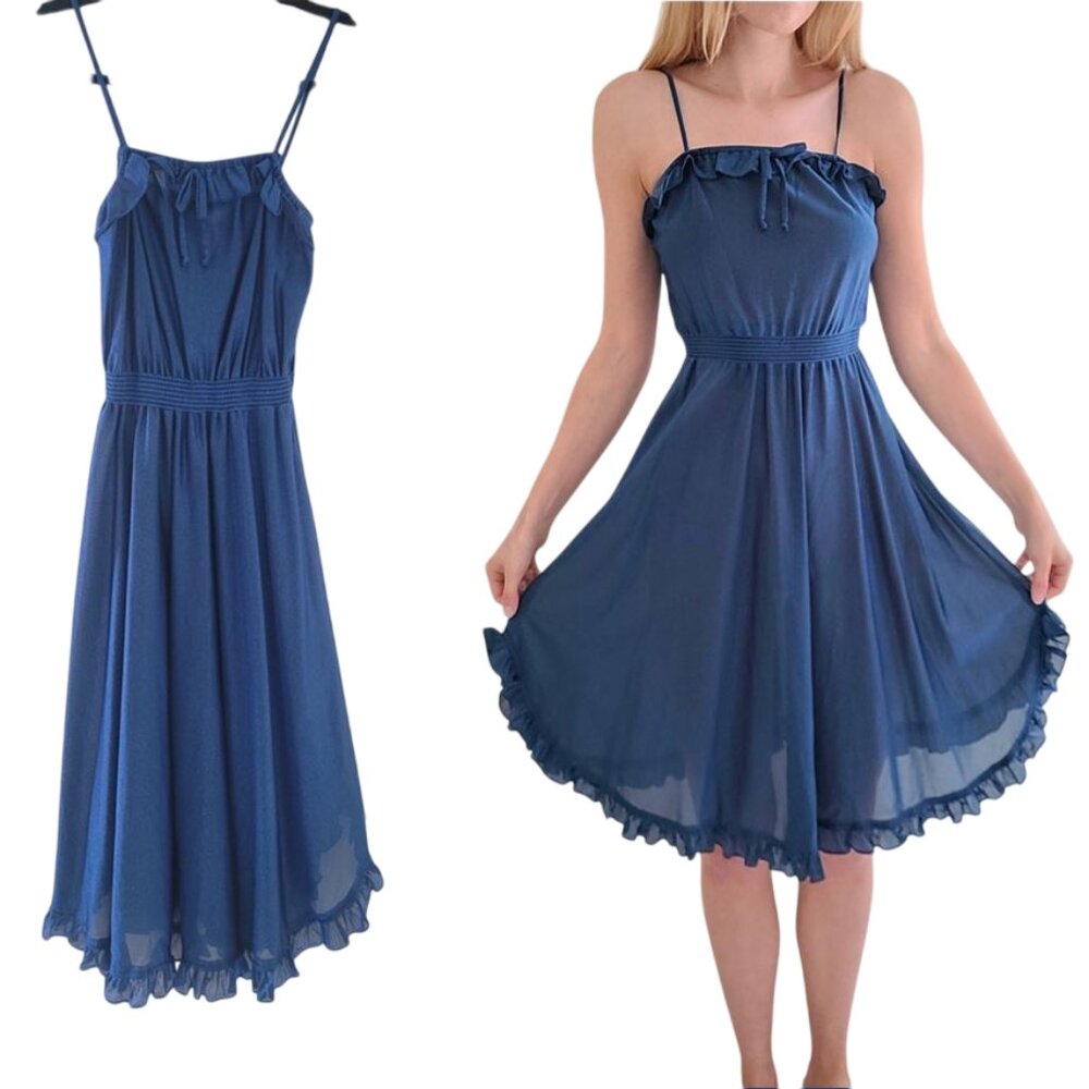 70/80s Metallic Blue Midi-Length Party Dress XS/SMALL